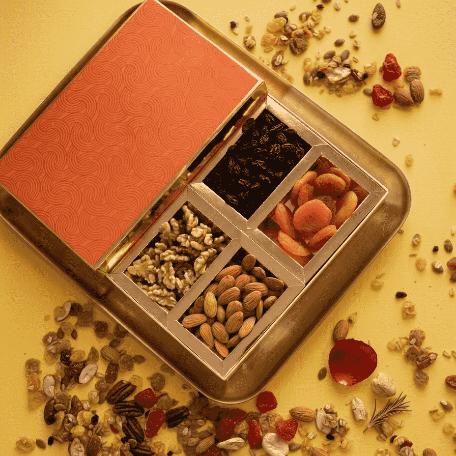 Sufyan Golden Metallic Tray Gift Box with terracotta wave patterned lid featuring black raisins, dried apricots, walnut kernels, and whole almonds