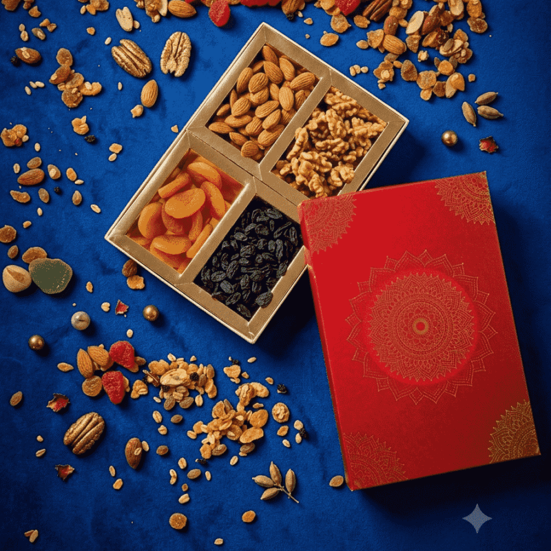 Sufyan Crimson Red and Gold Mandala Festive Dry Fruit Gift Box featuring almonds, walnuts, dried apricots, and black raisins