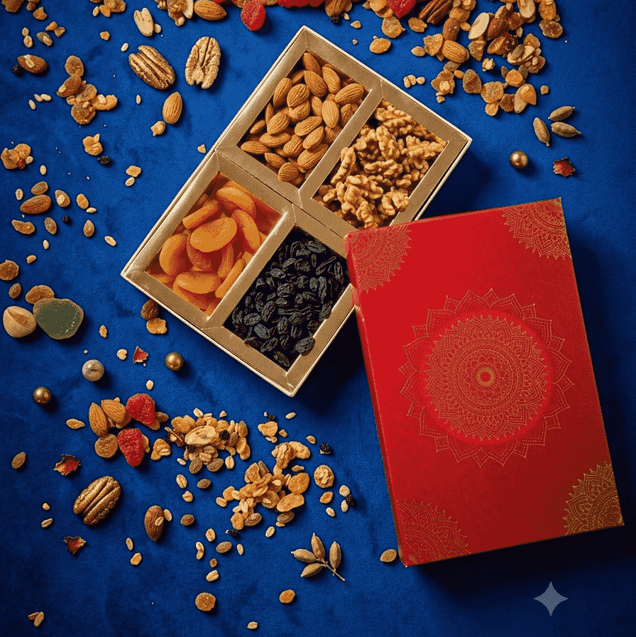 Sufyan Crimson Red and Gold Mandala Festive Dry Fruit Gift Box featuring almonds, walnuts, dried apricots, and black raisins